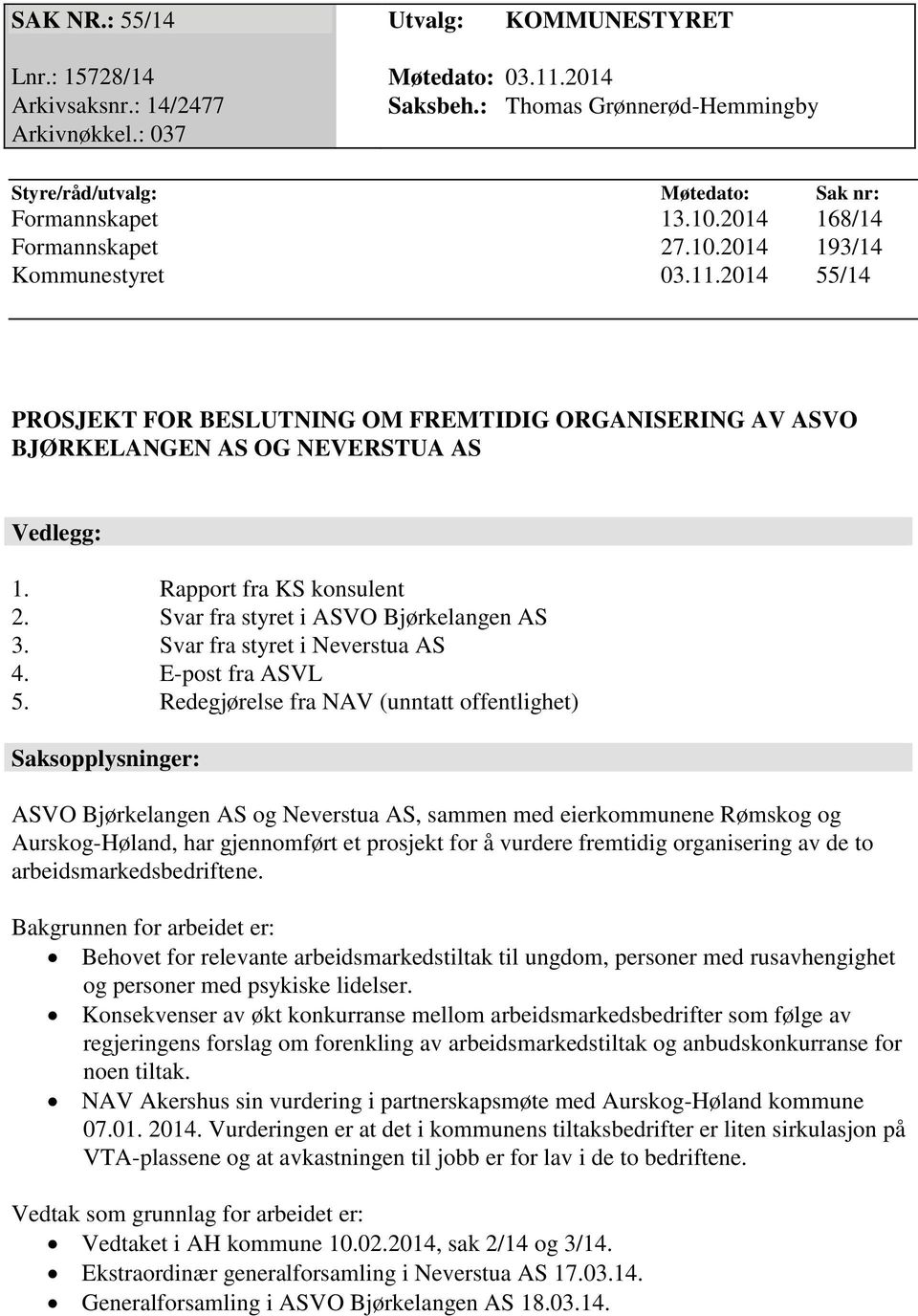 2014 55/14 PROSJEKT FOR BESLUTNING OM FREMTIDIG ORGANISERING AV ASVO BJØRKELANGEN AS OG NEVERSTUA AS Vedlegg: 1. Rapport fra KS konsulent 2. Svar fra styret i ASVO Bjørkelangen AS 3.