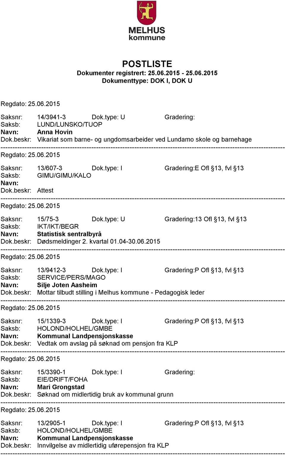 2015 Saksnr: 13/9412-3 Dok.type: I Gradering:P Ofl 13, fvl 13 Saksb: SERVICE/PERS/MAGO Silje Joten Aasheim Dok.beskr: Mottar tilbudt stilling i Melhus kommune - Pedagogisk leder Saksnr: 15/1339-3 Dok.