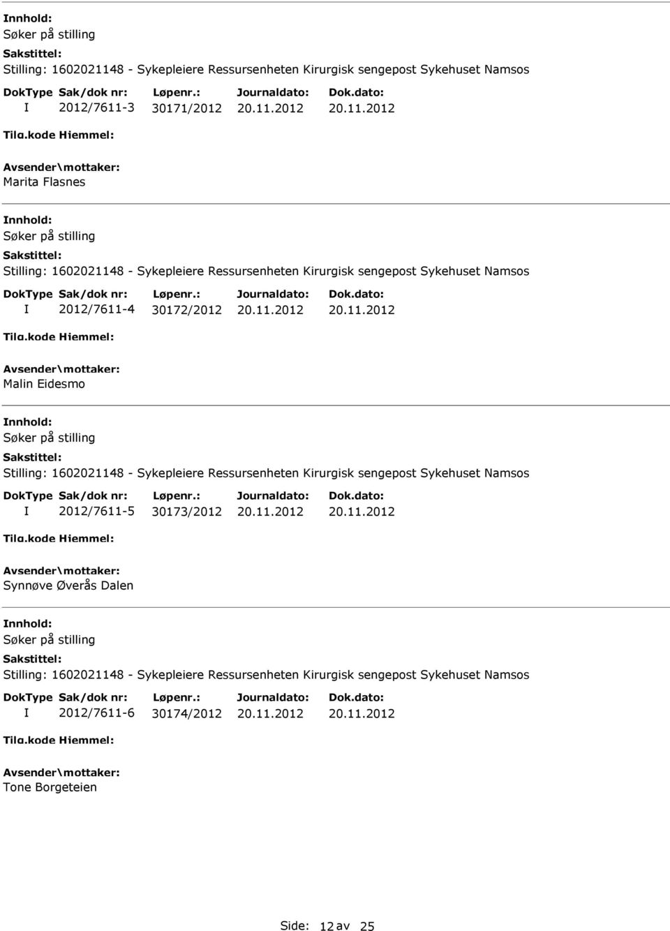 Stilling: 1602021148 - Sykepleiere Ressursenheten Kirurgisk sengepost Sykehuset Namsos 2012/7611-5 30173/2012 Synnøve Øverås