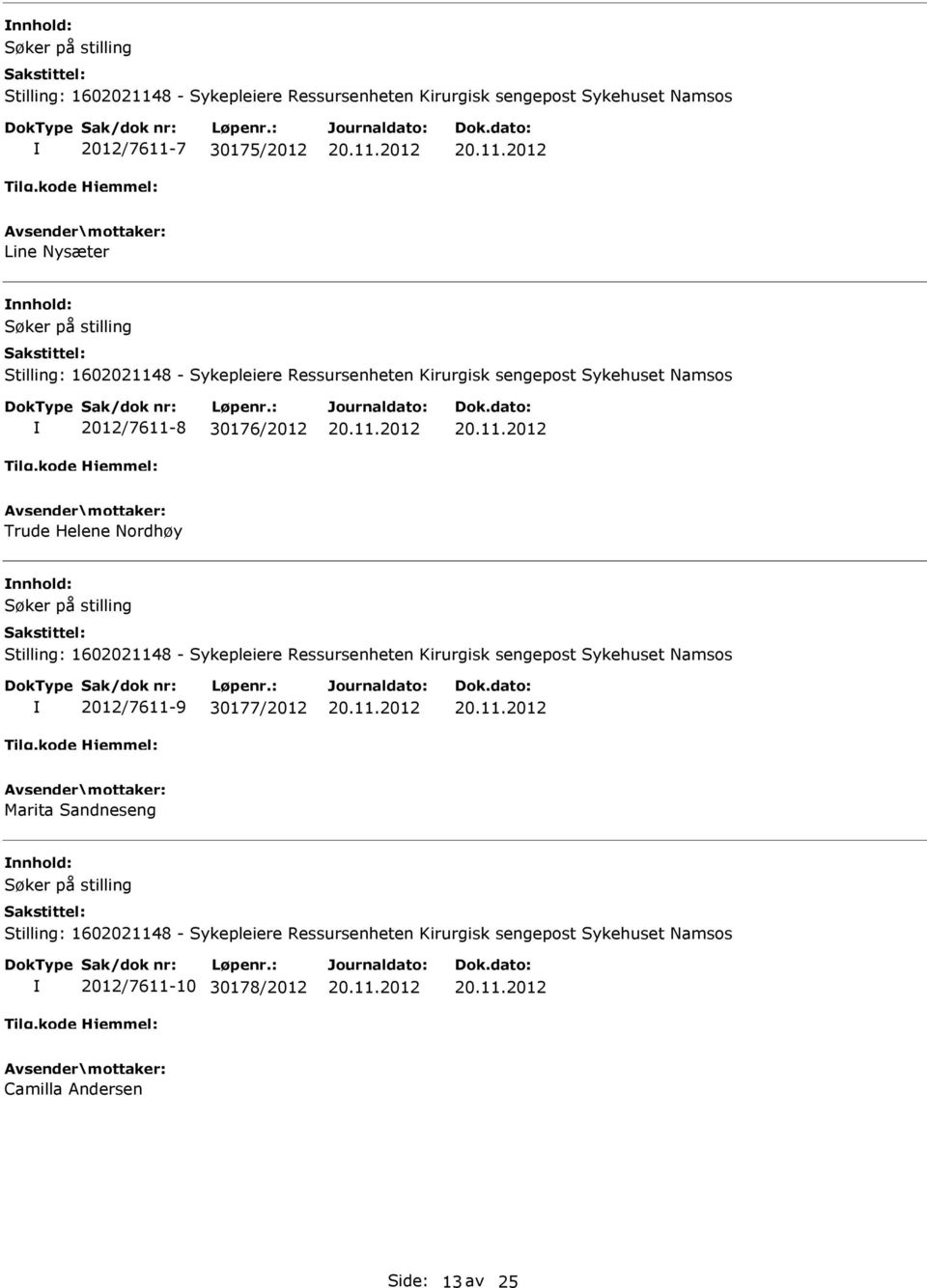 Stilling: 1602021148 - Sykepleiere Ressursenheten Kirurgisk sengepost Sykehuset Namsos 2012/7611-9 30177/2012 Marita Sandneseng