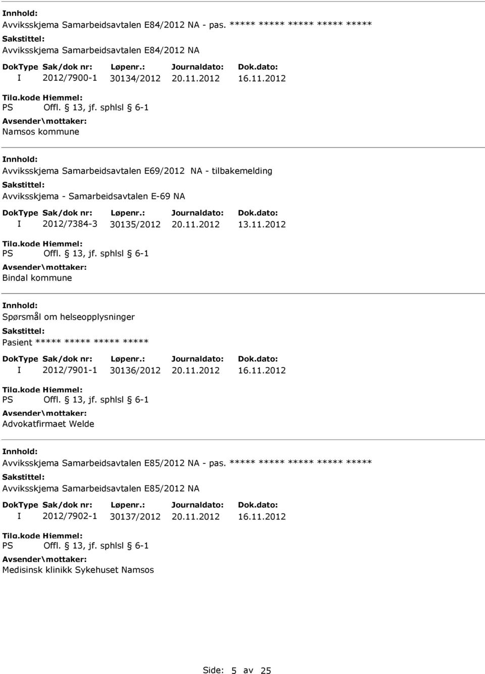 2012 Avviksskjema Samarbeidsavtalen E69/2012 NA - tilbakemelding Avviksskjema - Samarbeidsavtalen E-69 NA 2012/7384-3 30135/2012 Bindal kommune 13.11.