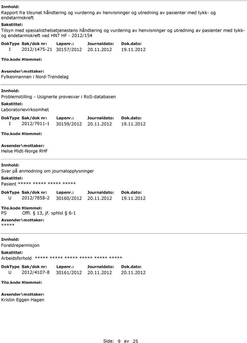 2012 Fylkesmannen i Nord-Trøndelag Problemstilling - signerte prøvesvar i RoS-databasen Laboratorievirksomhet 2012/7911-