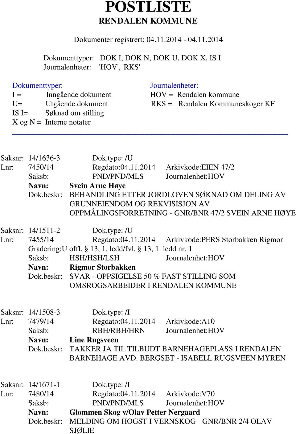 2 Dok.type: /U Lnr: 7455/14 Regdato:04.11.2014 Arkivkode:PERS Storbakken Rigmor Gradering:U offl. 13, 1. ledd/fvl. 13, 1. ledd nr. 1 Saksb: HSH/HSH/LSH Journalenhet:HOV Navn: Rigmor Storbakken Dok.