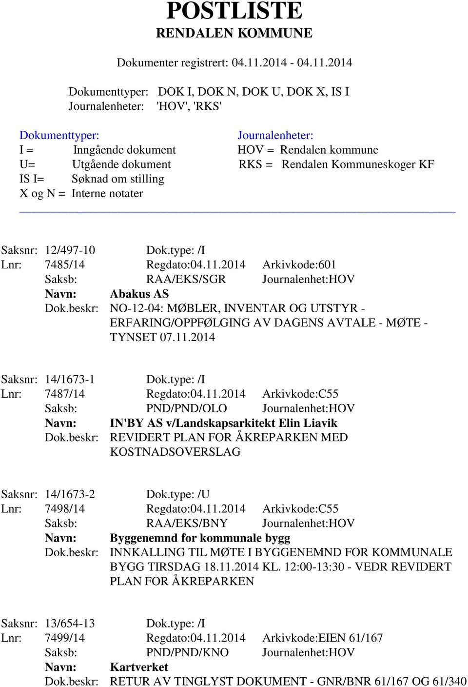 2014 Saksnr: 14/1673-1 Dok.type: /I Lnr: 7487/14 Regdato:04.11.2014 Arkivkode:C55 Saksb: PND/PND/OLO Journalenhet:HOV Navn: IN'BY AS v/landskapsarkitekt Elin Liavik Dok.