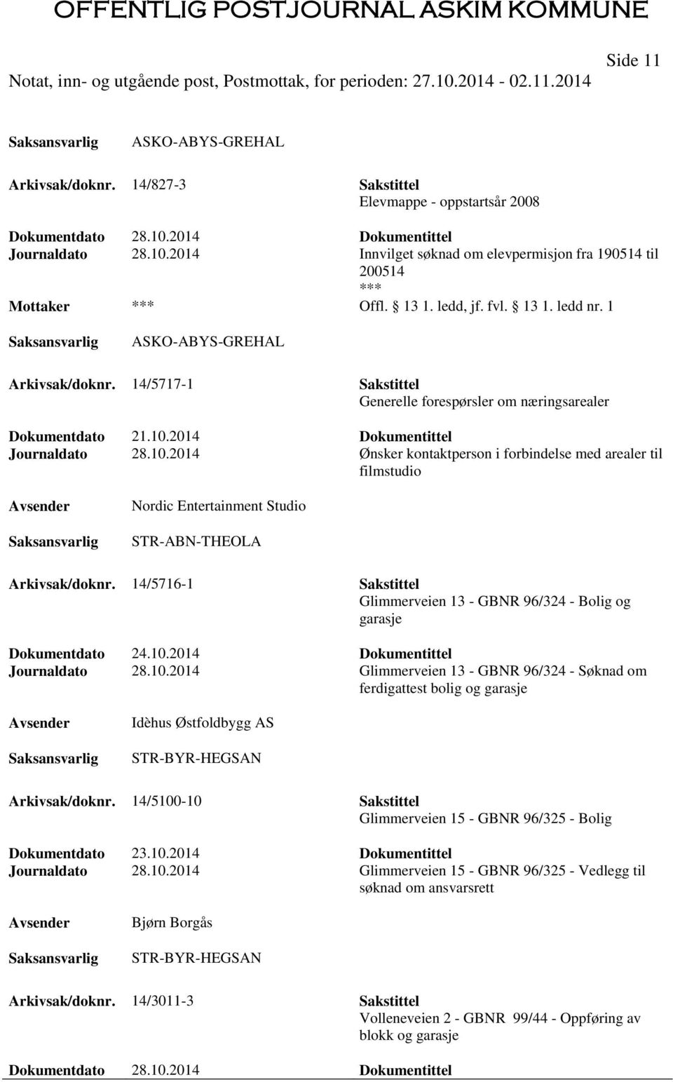 2014 Dokumentittel Journaldato 28.10.2014 Ønsker kontaktperson i forbindelse med arealer til filmstudio Nordic Entertainment Studio STR-ABN-THEOLA Arkivsak/doknr.