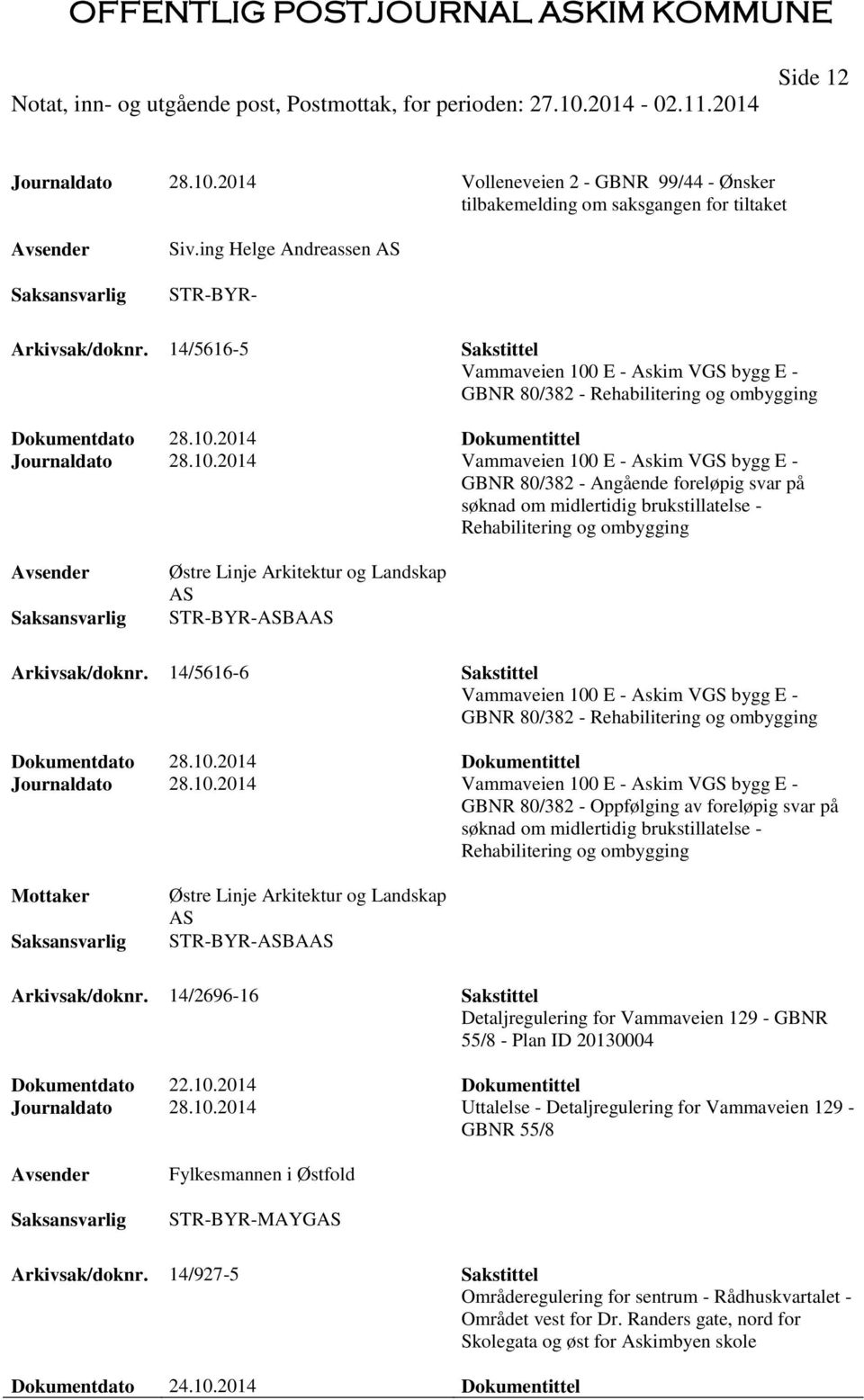 E - Askim VGS bygg E - GBNR 80/382 - Rehabilitering og ombygging Journaldato 28.10.