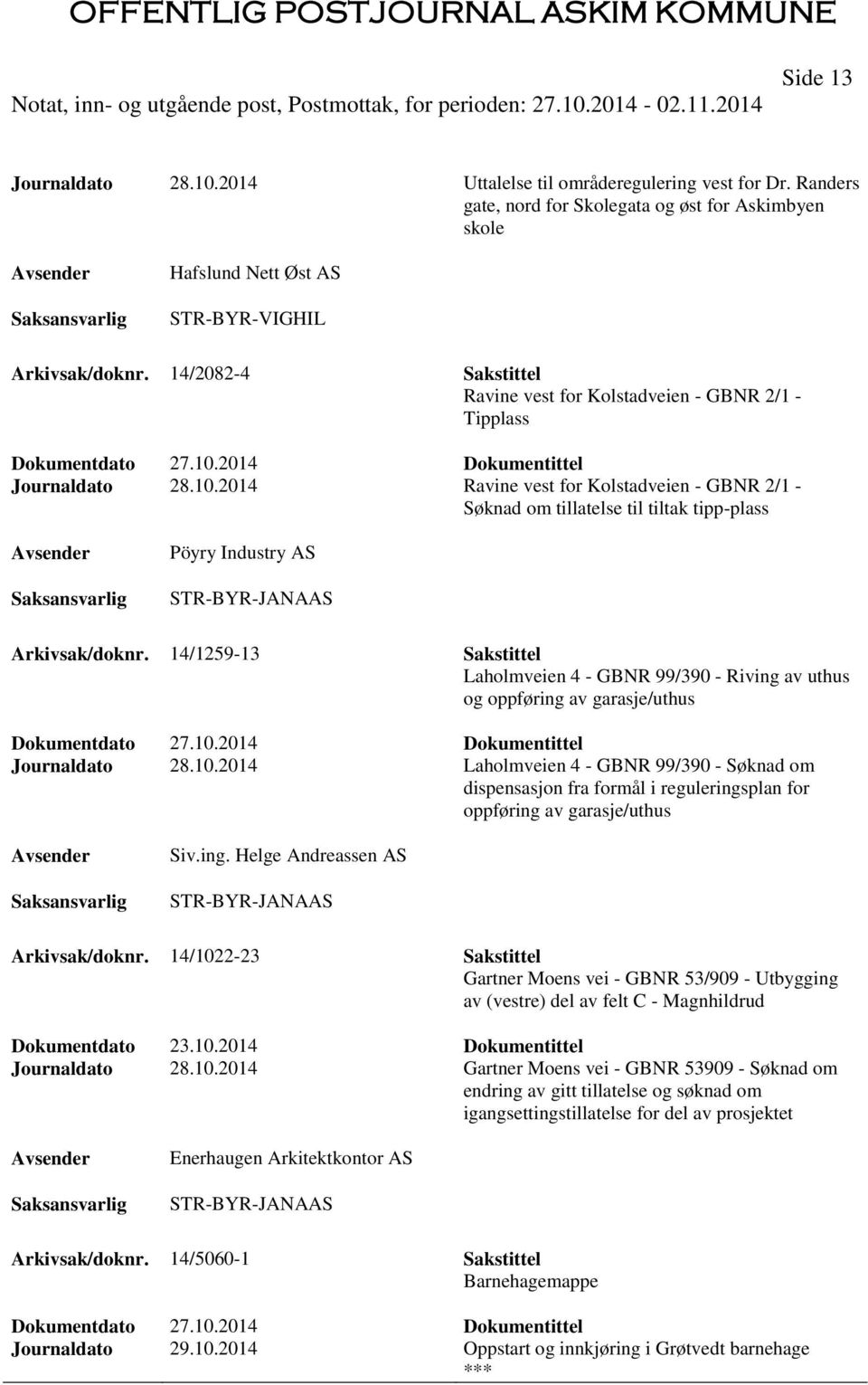 2014 Ravine vest for Kolstadveien - GBNR 2/1 - Søknad om tillatelse til tiltak tipp-plass Pöyry Industry AS STR-BYR-JANAAS Arkivsak/doknr.