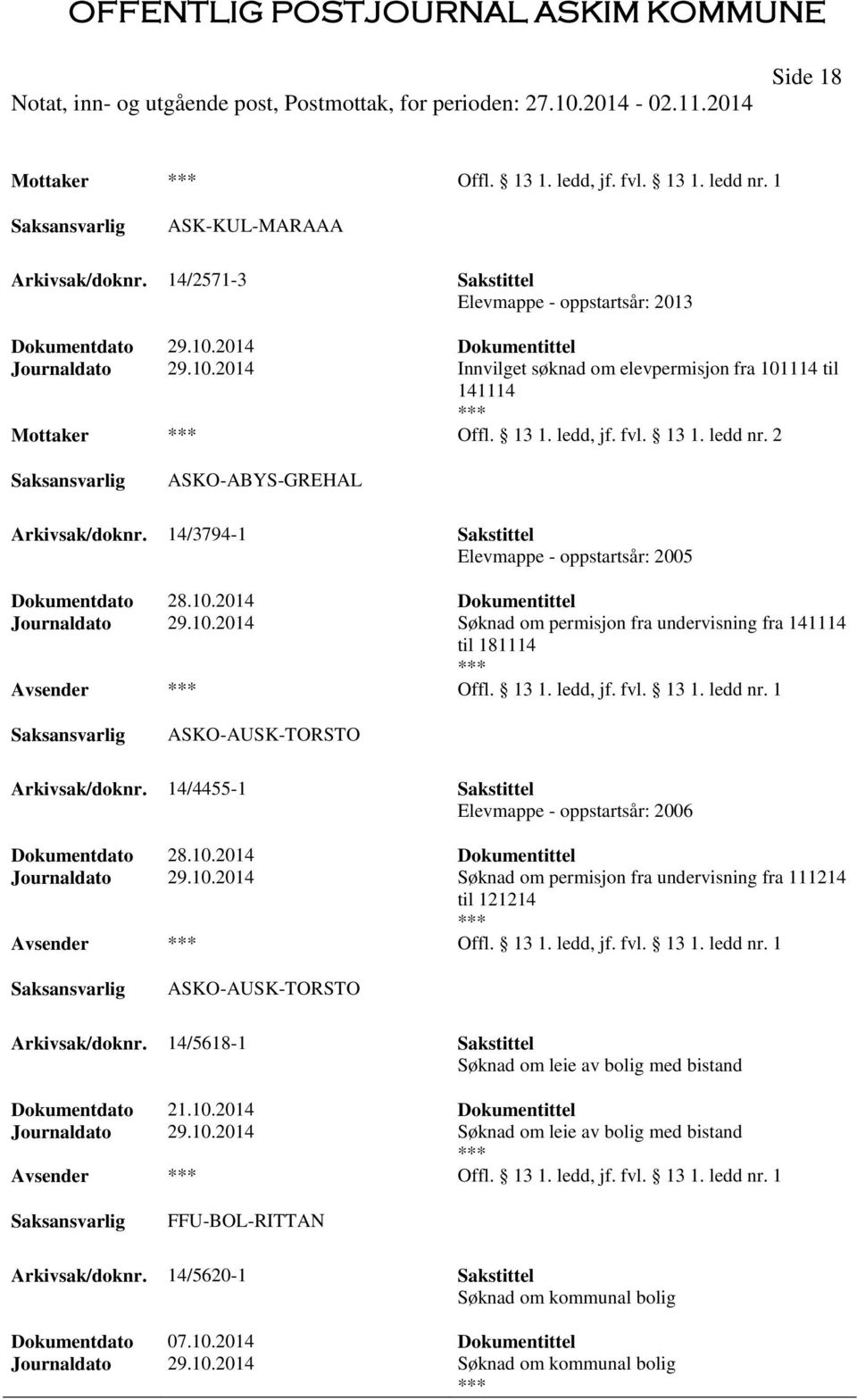 14/3794-1 Sakstittel Elevmappe - oppstartsår: 2005 Journaldato 29.10.2014 Søknad om permisjon fra undervisning fra 141114 til 181114 Offl. 13 1. ledd, jf. fvl. 13 1. ledd nr.