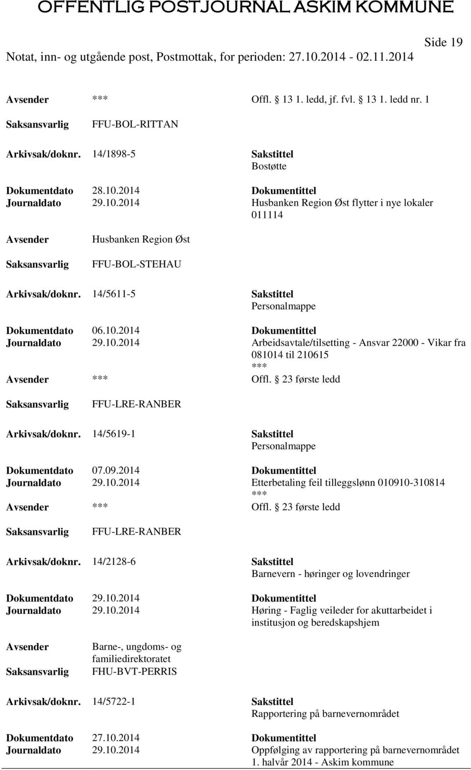 2014 Dokumentittel Journaldato 29.10.2014 Arbeidsavtale/tilsetting - Ansvar 22000 - Vikar fra 081014 til 210615 Offl. 23 første ledd FFU-LRE-RANBER Arkivsak/doknr.