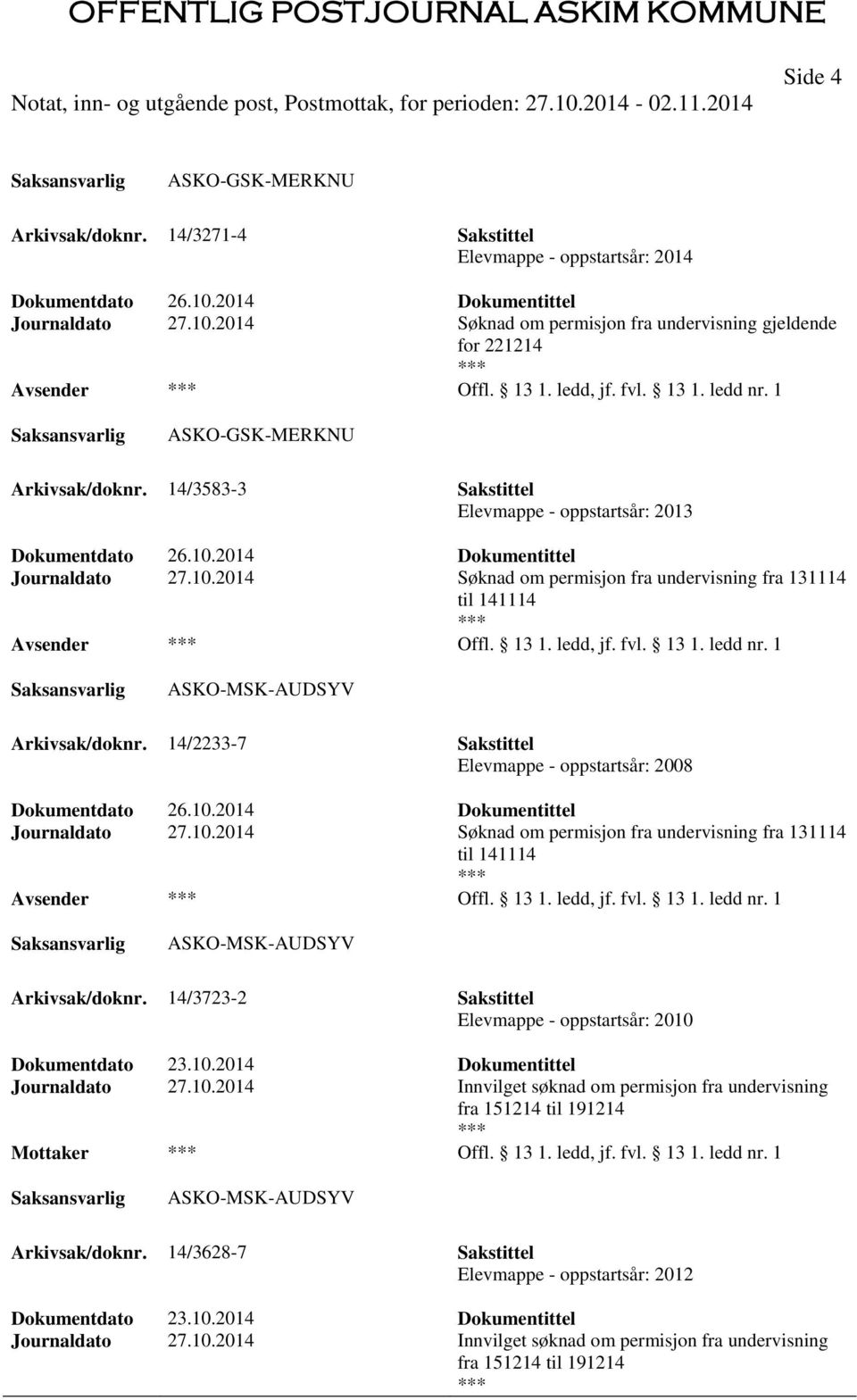 2014 Dokumentittel Journaldato 27.10.2014 Søknad om permisjon fra undervisning fra 131114 til 141114 Offl. 13 1. ledd, jf. fvl. 13 1. ledd nr. 1 ASKO-MSK-AUDSYV Arkivsak/doknr.