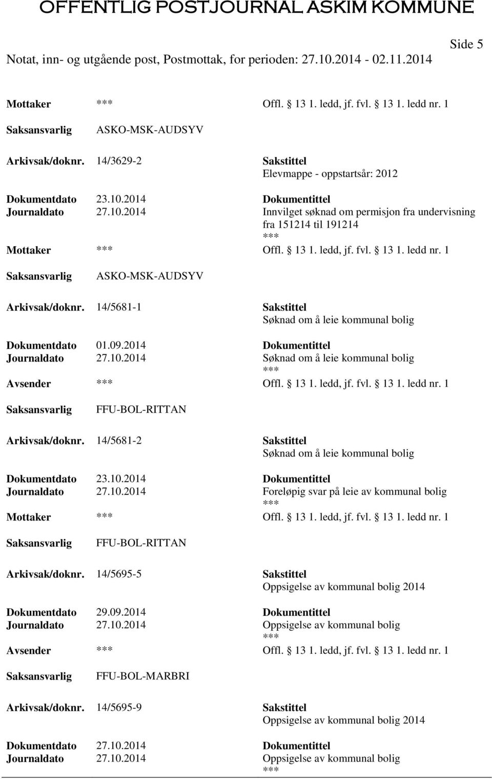 14/5681-1 Sakstittel Søknad om å leie kommunal bolig Dokumentdato 01.09.2014 Dokumentittel Journaldato 27.10.2014 Søknad om å leie kommunal bolig Offl. 13 1. ledd, jf. fvl. 13 1. ledd nr.