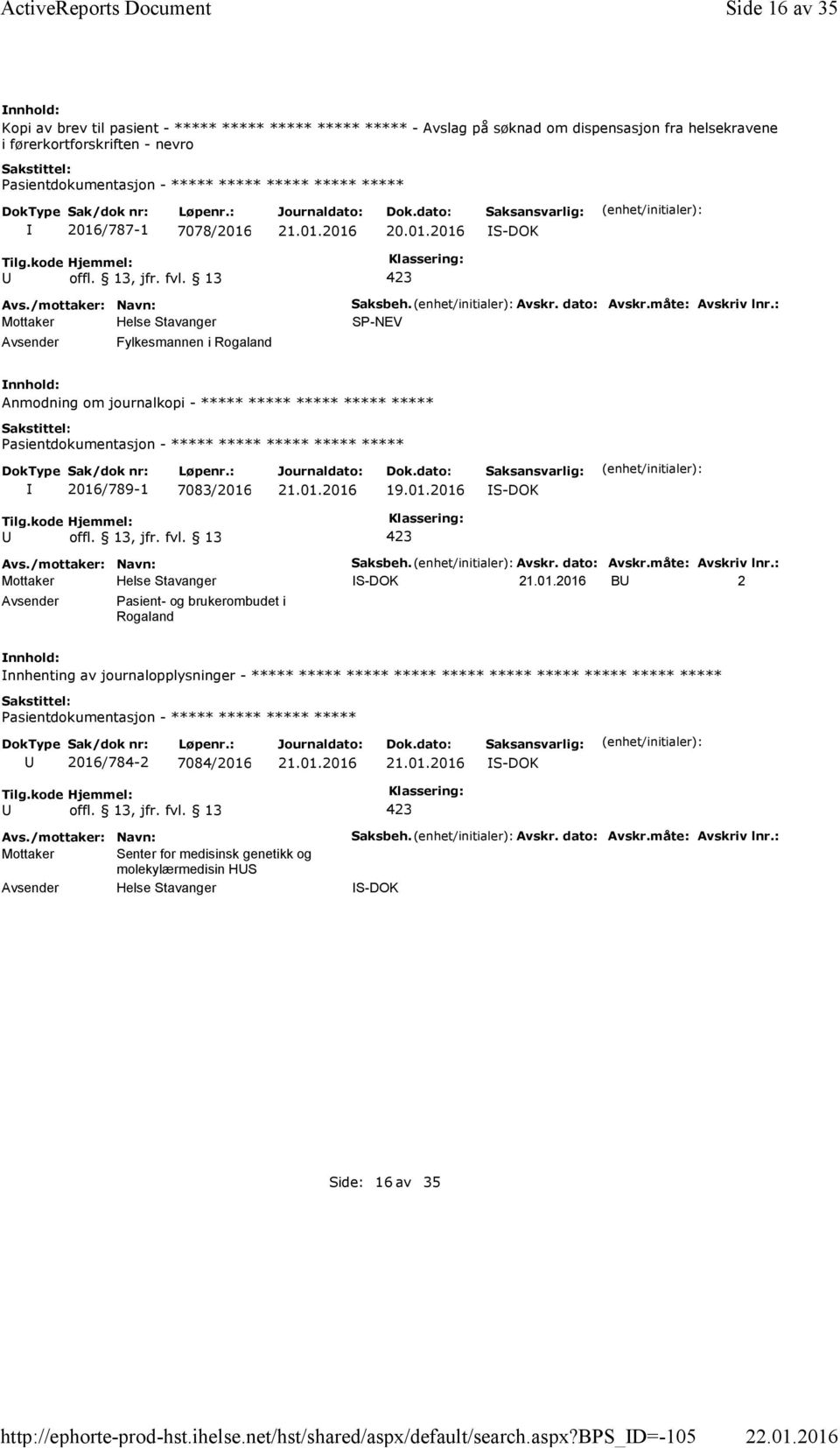 bps_d=-105 Side 16 av 35 Kopi av brev til pasient - ***** ***** ***** ***** ***** - Avslag på søknad om dispensasjon fra helsekravene i førerkortforskriften - nevro 2016/787-1 7078/2016