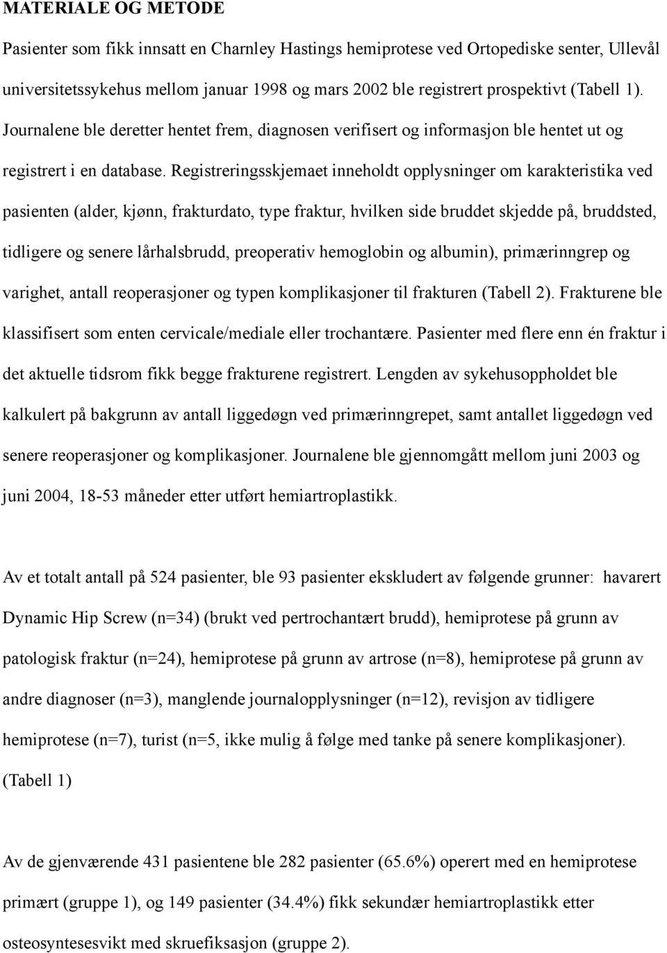 Registreringsskjemaet inneholdt opplysninger om karakteristika ved pasienten (alder, kjønn, frakturdato, type fraktur, hvilken side bruddet skjedde på, bruddsted, tidligere og senere lårhalsbrudd,