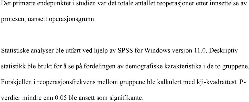 Deskriptiv statistikk ble brukt for å se på fordelingen av demografiske karakteristika i de to gruppene.