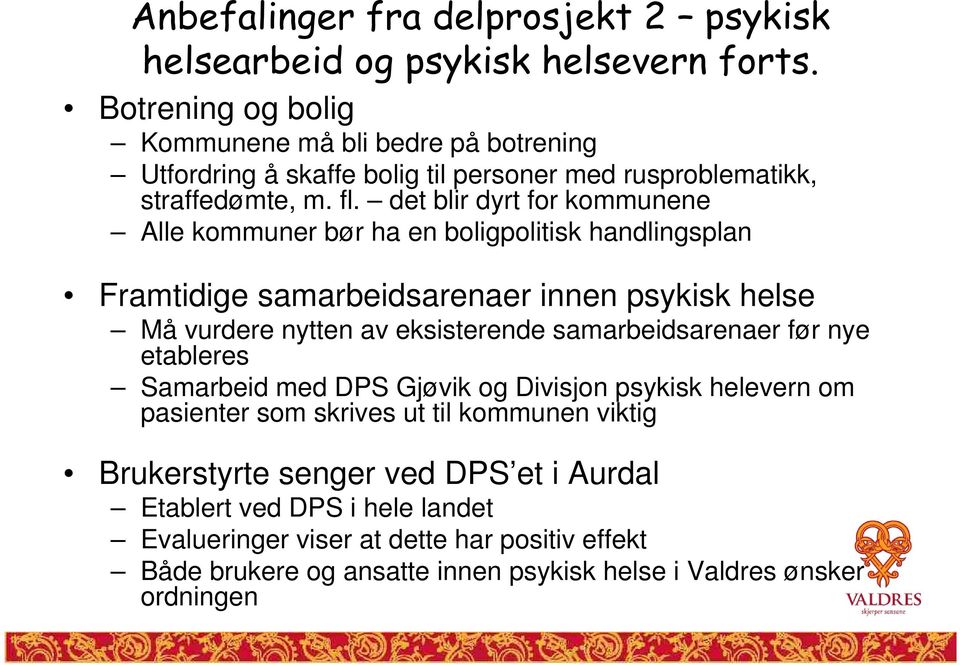 det blir dyrt for kommunene Alle kommuner bør ha en boligpolitisk handlingsplan Framtidige samarbeidsarenaer innen psykisk helse Må vurdere nytten av eksisterende