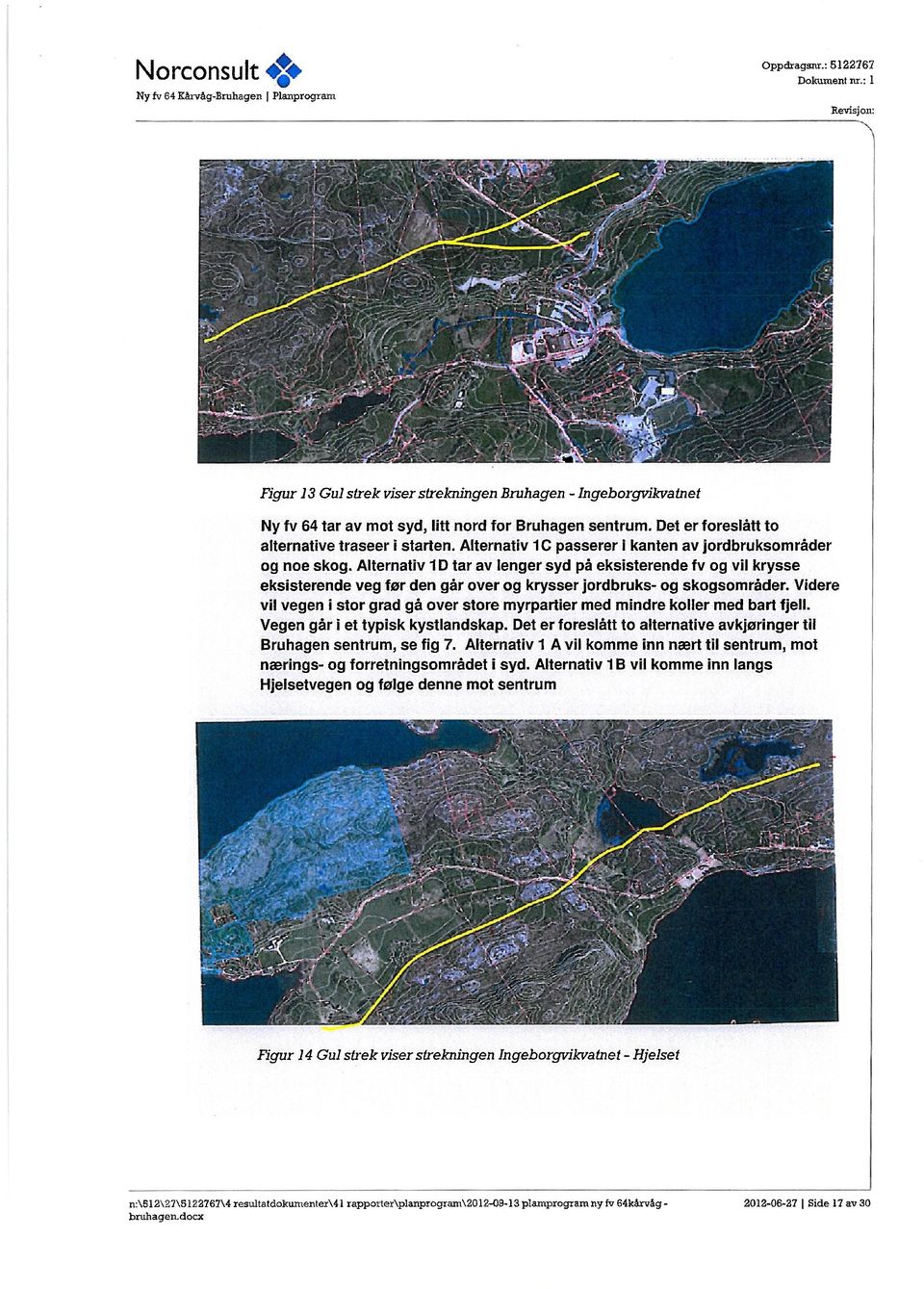 Alternativ 10 tar av lenger syd på eksisterende fv og vil krysse eksisterende veg før den går over og krysser jordbruks- og skogsområder.