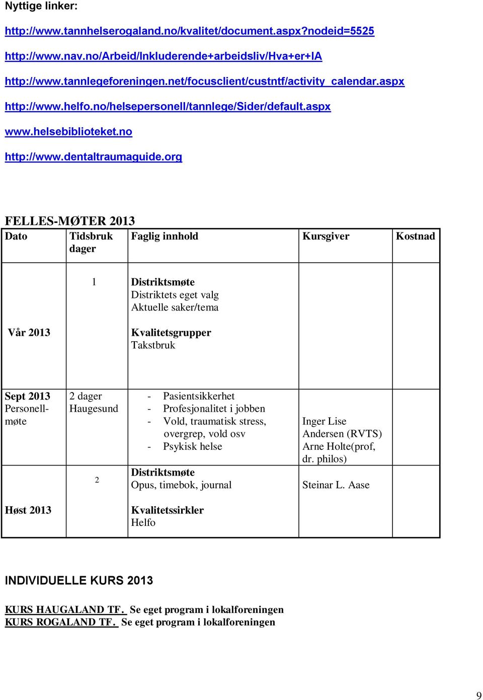 org FELLES-MØTER 2013 Dato Tidsbruk dager Faglig innhold Kursgiver Kostnad 1 Distriktsmøte Distriktets eget valg Aktuelle saker/tema Vår 2013 Kvalitetsgrupper Takstbruk Sept 2013 Personellmøte 2