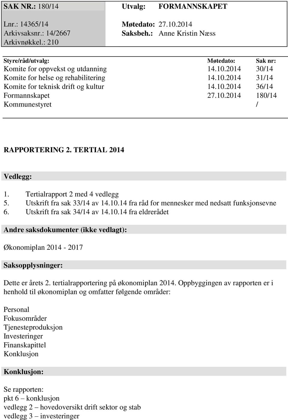 10.2014 180/14 Kommunestyret / RAPPORTERING 2. TERTIAL 2014 Vedlegg: 1. Tertialrapport 2 med 4 vedlegg 5. Utskrift fra sak 33/14 av 14.10.14 fra råd for mennesker med nedsatt funksjonsevne 6.