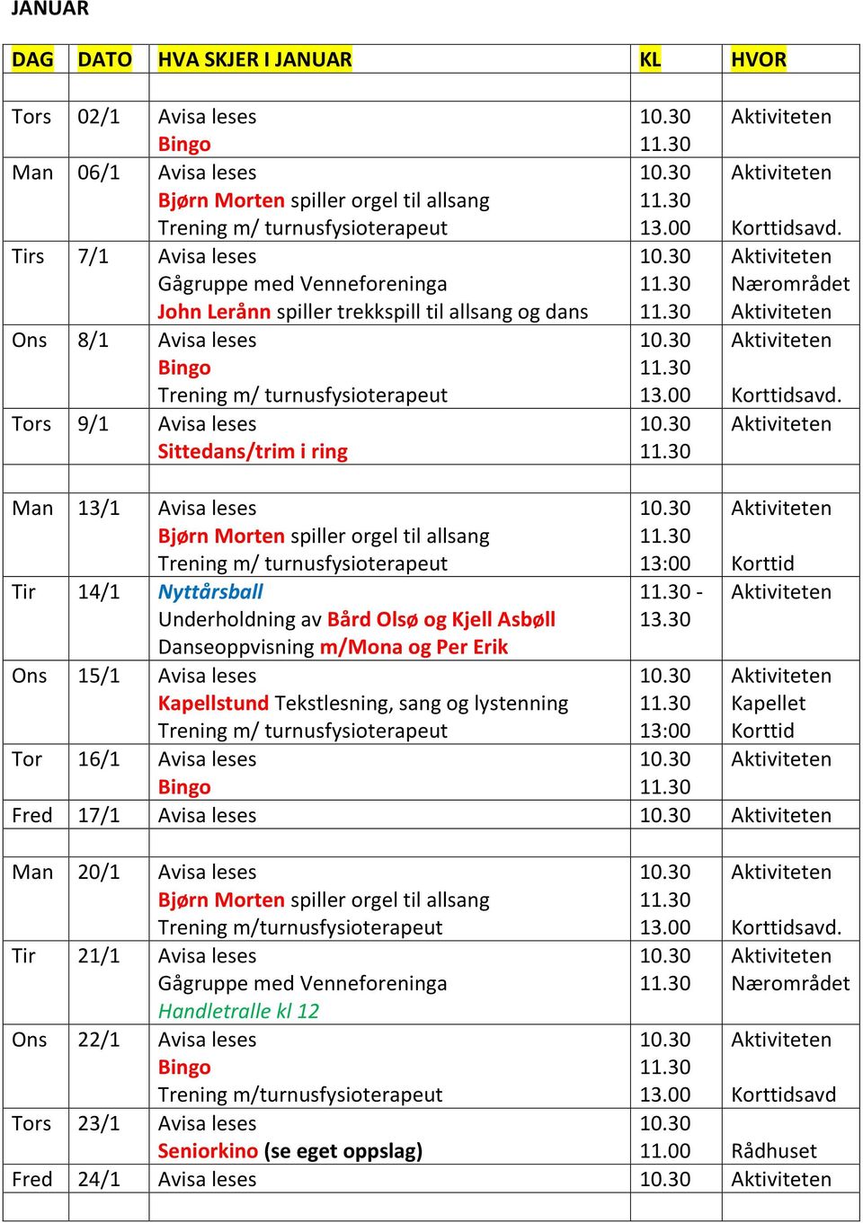 avd. Man 13/1 Avisa leses Trening m/ turnusfysioterapeut Tir 14/1 Nyttхrsball Underholdning av Bхrd Olsј og Kjell Asbјll Danseoppvisning m/mona og Per Erik Ons 15/1 Avisa leses Kapellstund