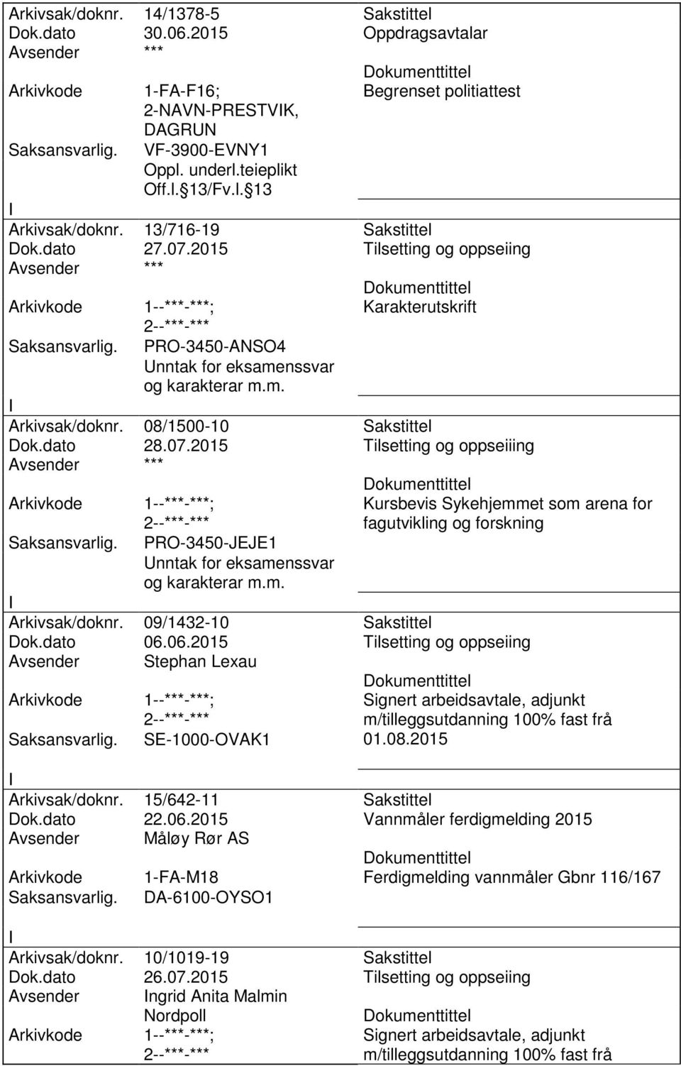 dato 28.07.2015 Tilsetting og oppseiiing 1--***-***; PRO-3450-JEJE1 nntak for eksamenssvar og karakterar m.m. Kursbevis Sykehjemmet som arena for fagutvikling og forskning Arkivsak/doknr.