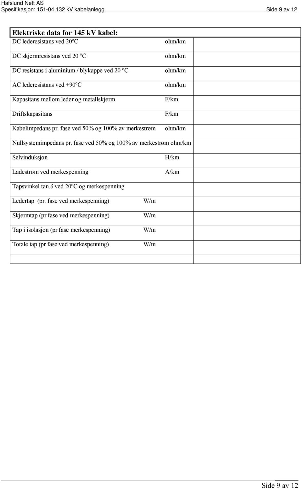 fase ved 50% og 100% av merkestrøm ohm/km ohm/km ohm/km ohm/km F/km F/km ohm/km Nullsystemimpedans pr.