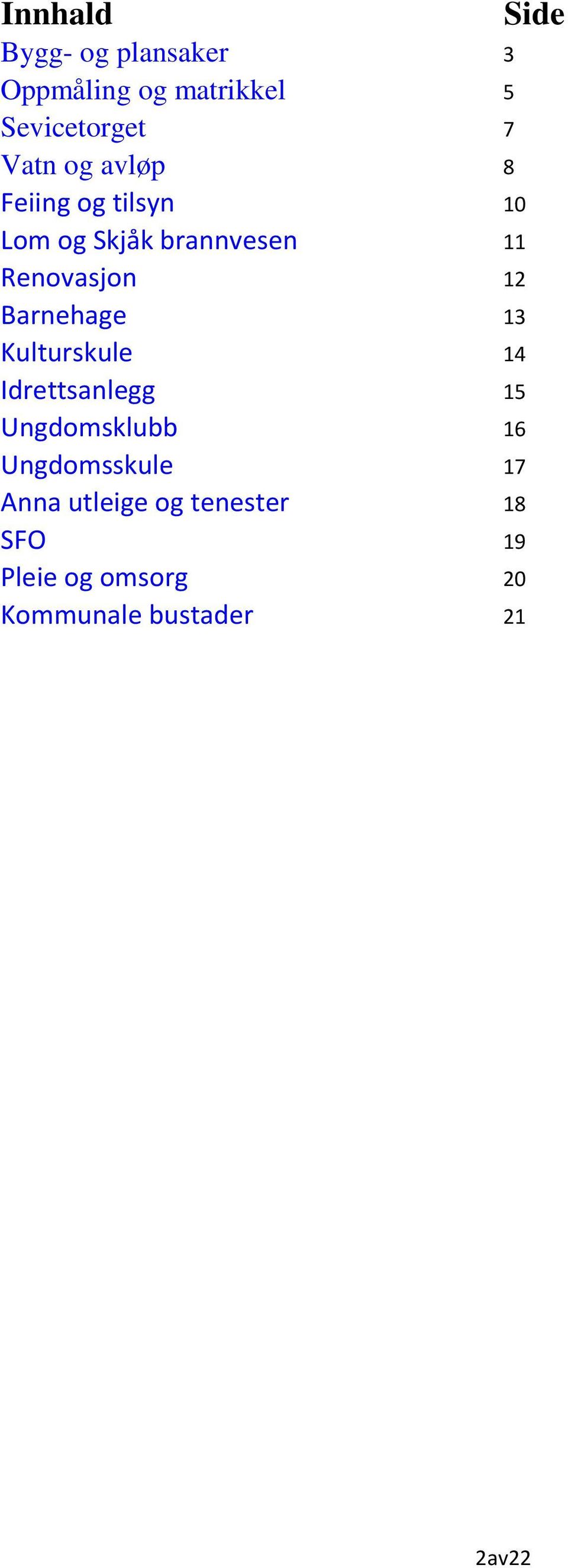 Barnehage 13 Kulturskule 14 Idrettsanlegg 15 Ungdomsklubb 16 Ungdomsskule 17