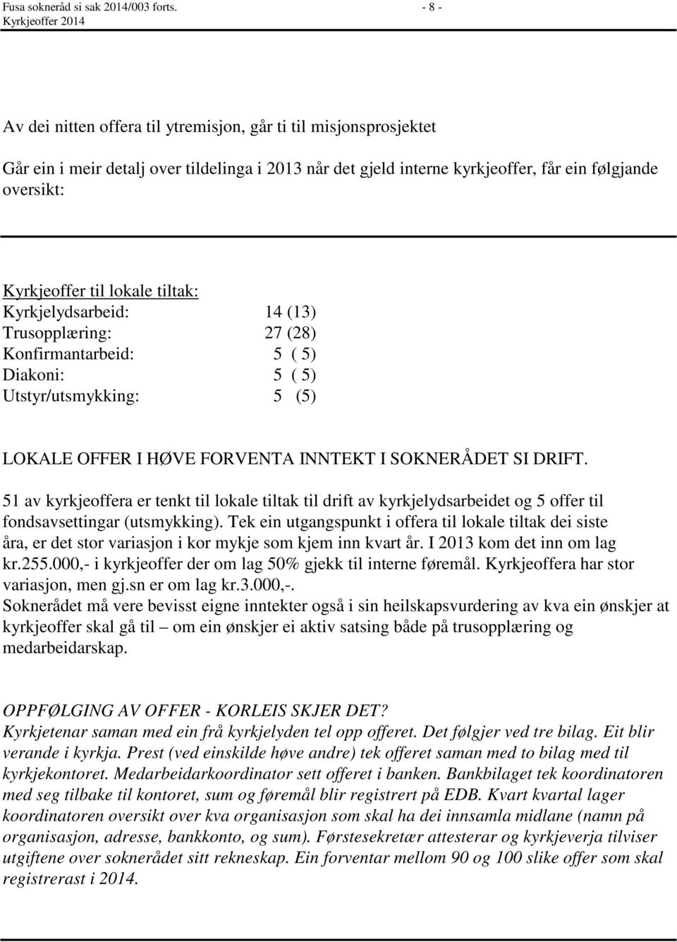 Kyrkjeoffer til lokale tiltak: Kyrkjelydsarbeid: 14 (13) Trusopplæring: 27 (28) Konfirmantarbeid: 5 ( 5) Diakoni: 5 ( 5) Utstyr/utsmykking: 5 (5) LOKAL OFFR HØV FORVNTA NNTKT SOKNRÅDT S DRFT.