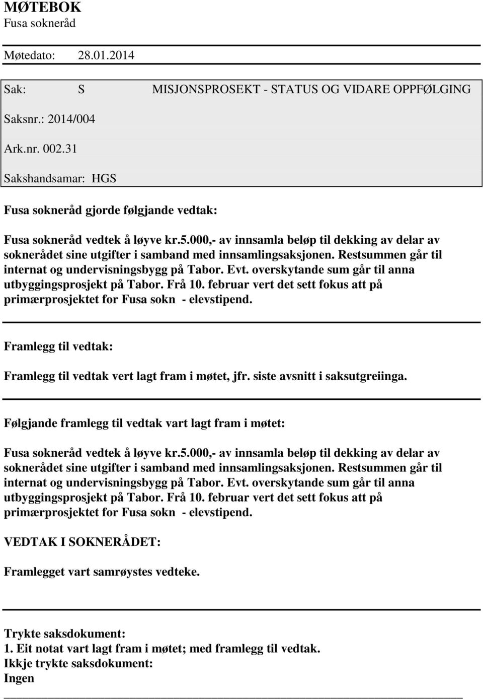 000,- av innsamla beløp til dekking av delar av soknerådet sine utgifter i samband med innsamlingsaksjonen. Restsummen går til internat og undervisningsbygg på Tabor. vt.