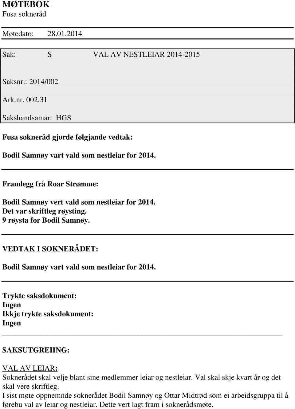 Det var skriftleg røysting. 9 røysta for Bodil Samnøy. VDTAK SOKNRÅDT: Bodil Samnøy vart vald som nestleiar for 2014.