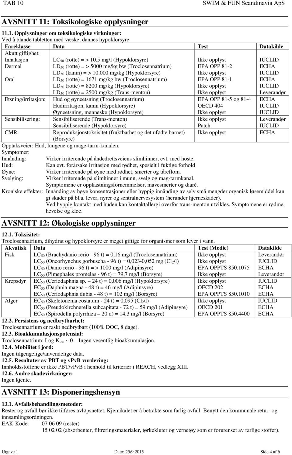 .1. Opplysninger om toksikologiske virkninger: Ved å blande tabletten med væske, dannes hypoklorsyre Fareklasse Data Test Datakilde Akutt giftighet: Inhalasjon LC 50 (rotte) = > 10,5 mg/l