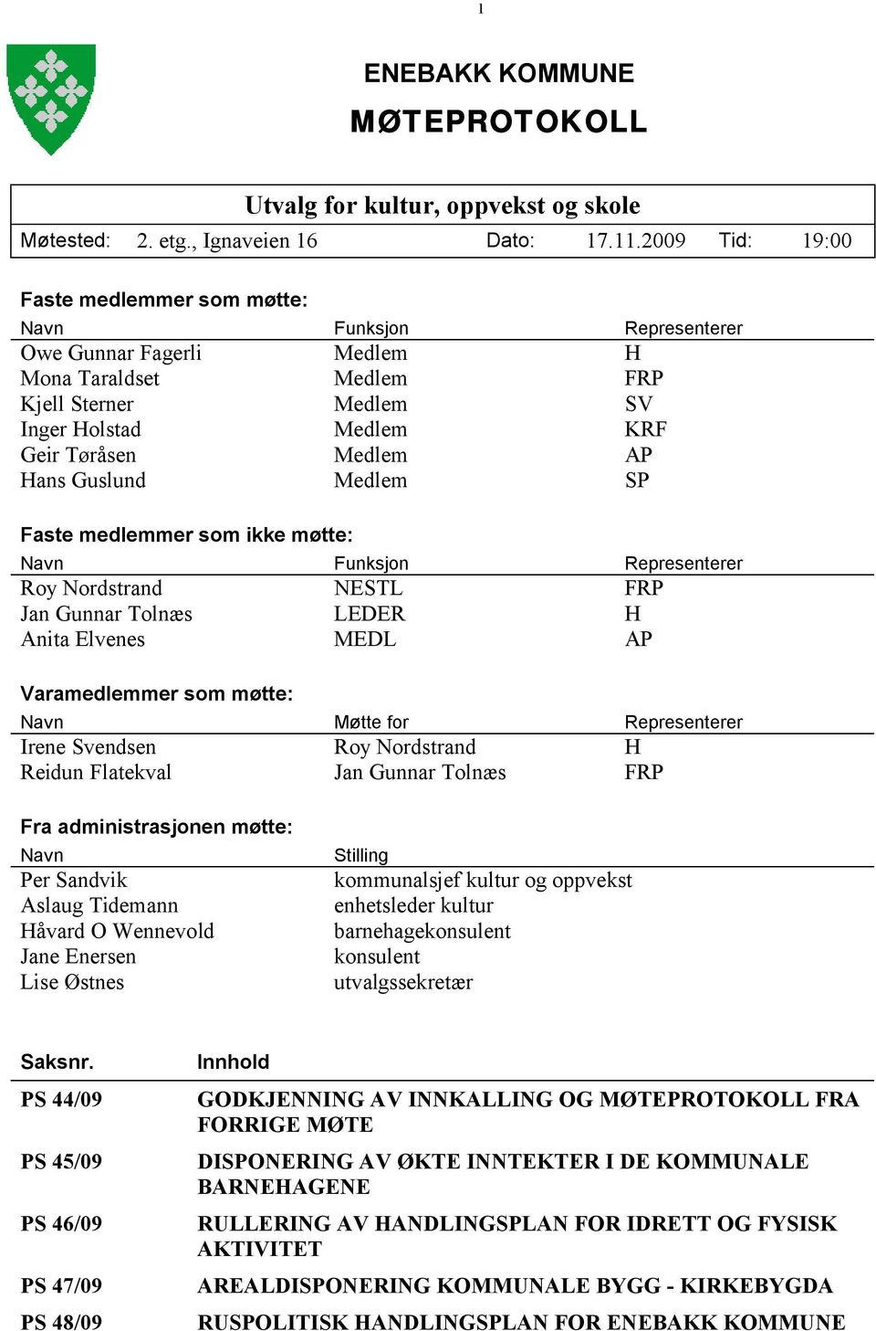 Hans Guslund Medlem SP Faste medlemmer som ikke møtte: Navn Funksjon Representerer Roy Nordstrand NESTL FRP Jan Gunnar Tolnæs LEDER H Anita Elvenes MEDL AP Varamedlemmer som møtte: Navn Møtte for