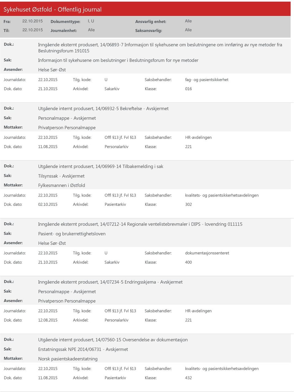 2015 Arkivdel: Sakarkiv Klasse: 016 Utgående internt produsert, 14/06932-5 Bekreftelse - Avskjermet Utgående internt produsert, 14/06969-14 Tilbakemelding i sak Tilsynssak - Avskjermet Fylkesmannen i