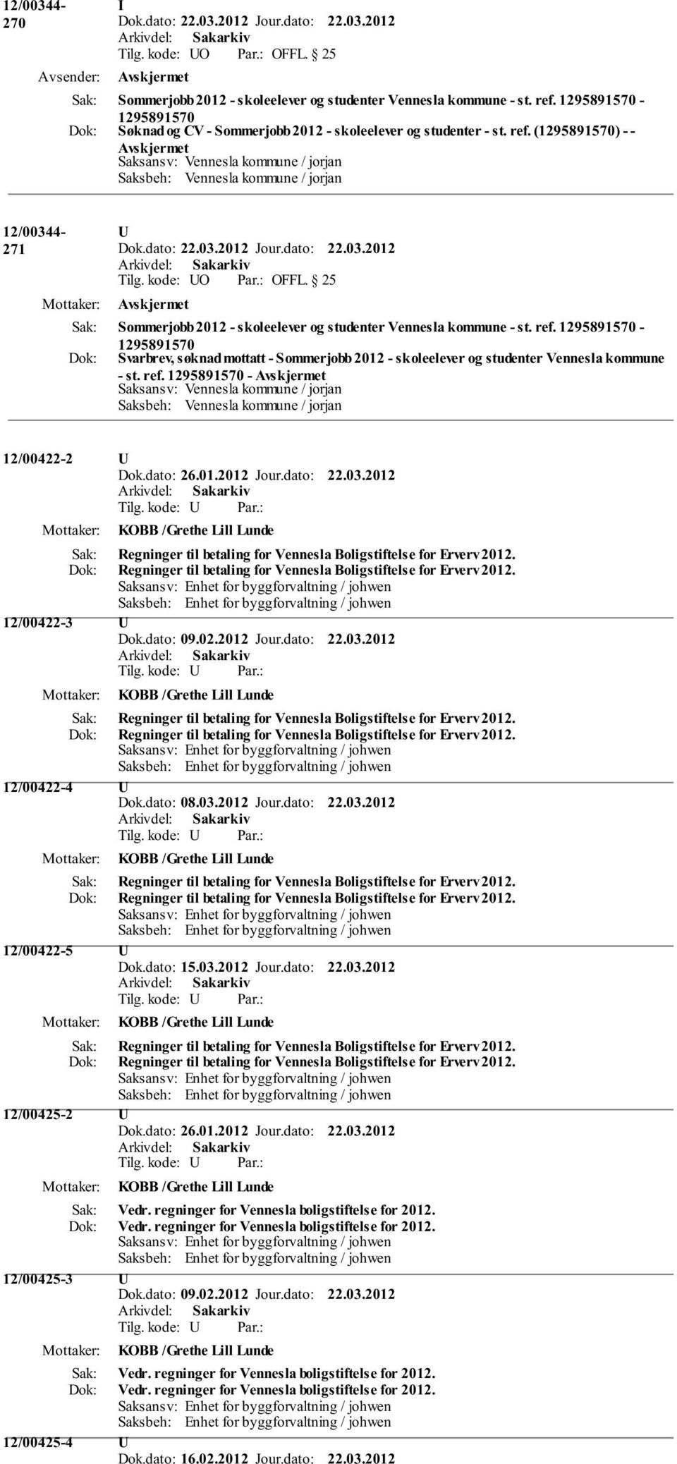 (1295891570) - - Saksansv: Vennesla kommune / jorjan Saksbeh: Vennesla kommune / jorjan 12/00344-271 Sommerjobb 2012 - skoleelever og studenter Vennesla kommune - st. ref.