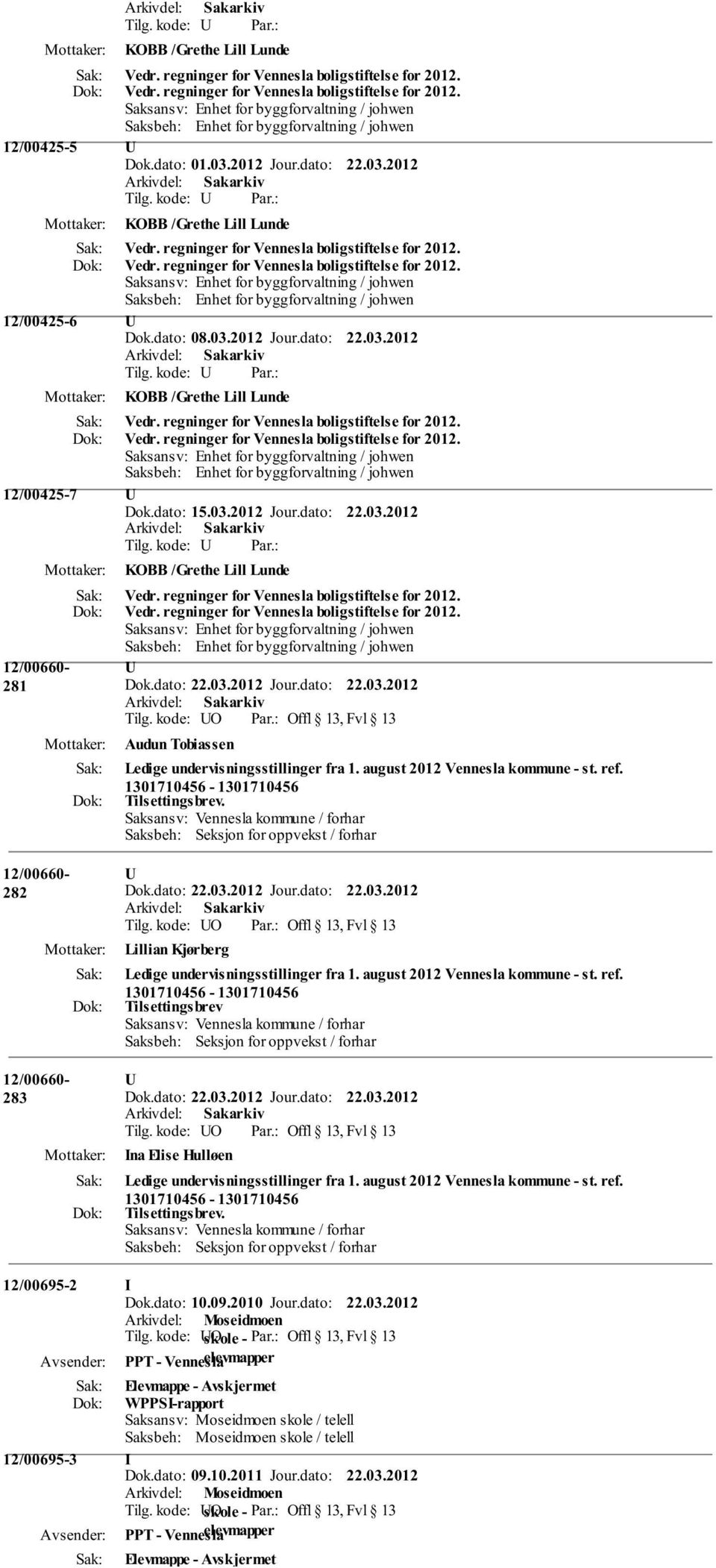 regninger for Vennesla boligstiftelse for 2012. Vedr. regninger for Vennesla boligstiftelse for 2012. 12/00425-7 Dok.dato: 15.03.2012 Jour.dato: 22.03.2012 KOBB /Grethe Lill Lunde 12/00660-281 Vedr.