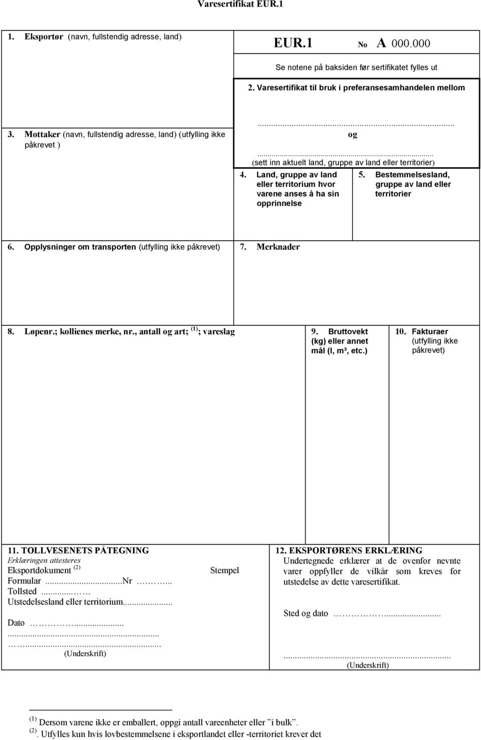 Land, gruppe av land eller territorium hvor varene anses å ha sin opprinnelse 5. Bestemmelsesland, gruppe av land eller territorier 6. Opplysninger om transporten (utfylling ikke påkrevet) 7.