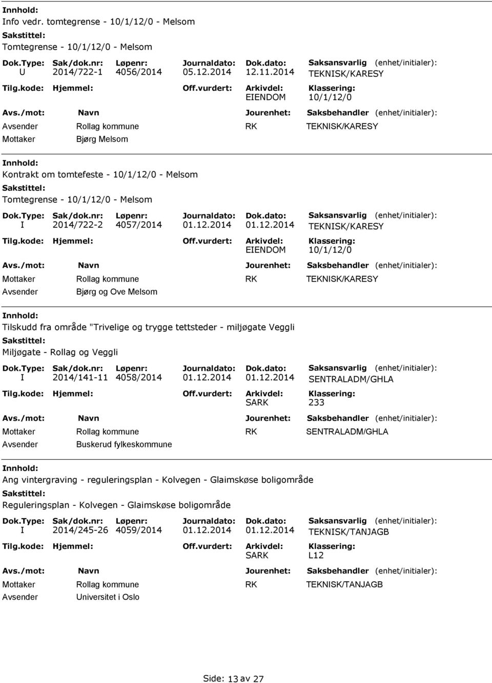 TEKNSK/KARESY 10/1/12/0 TEKNSK/KARESY Avsender Bjørg og Ove Melsom Tilskudd fra område "Trivelige og trygge tettsteder - miljøgate Veggli Miljøgate - Rollag og Veggli 2014/141-11 4058/2014