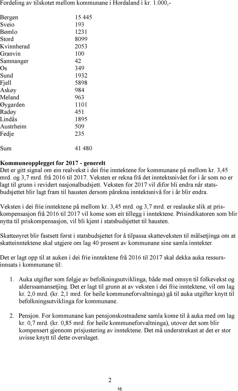 235 Sum 41 480 Kommuneopplegget for 2017 - generelt Det er gitt signal om ein realvekst i dei frie inntektene for kommunane på mellom kr. 3,45 mrd. og 3,7 mrd. frå 2016 til 2017.