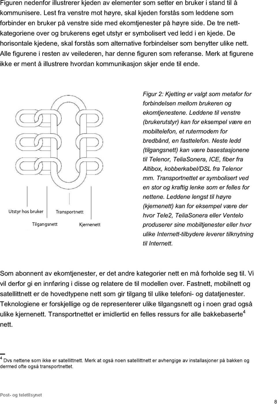 De tre nettkategoriene over og brukerens eget utstyr er symbolisert ved ledd i en kjede. De horisontale kjedene, skal forstås som alternative forbindelser som benytter ulike nett.