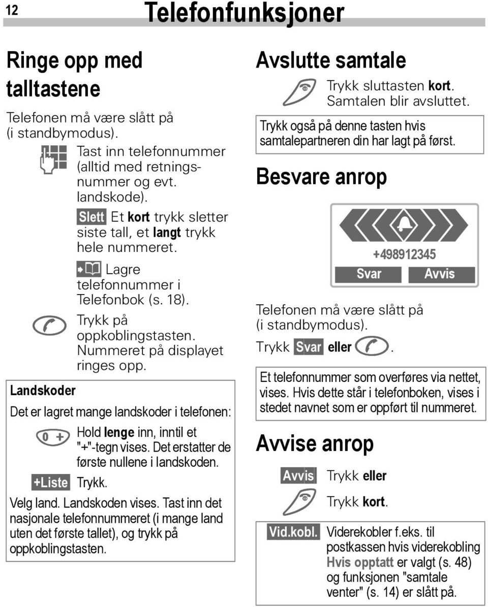 Landskoder Det er lagret mange landskoder i telefonen: 0 Hold lenge inn, inntil et "+"-tegn vises. Det erstatter de første nullene i landskoden. +Liste Trykk. Velg land. Landskoden vises.