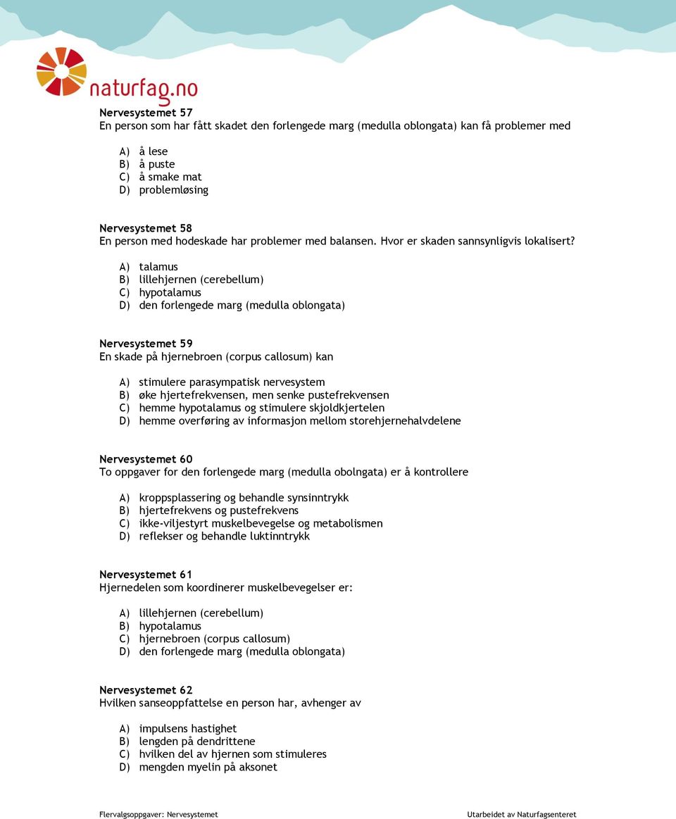 A) talamus B) lillehjernen (cerebellum) C) hypotalamus D) den forlengede marg (medulla oblongata) Nervesystemet 59 En skade på hjernebroen (corpus callosum) kan A) stimulere parasympatisk nervesystem