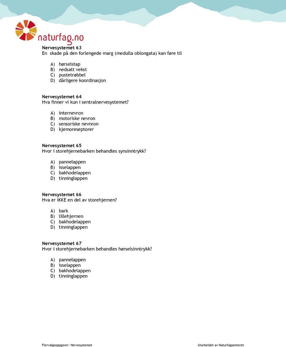 A) internevron B) motoriske nevron C) sensoriske nevnron D) kjemoreseptorer Nervesystemet 65 Hvor i storehjernebarken behandles synsinntrykk?