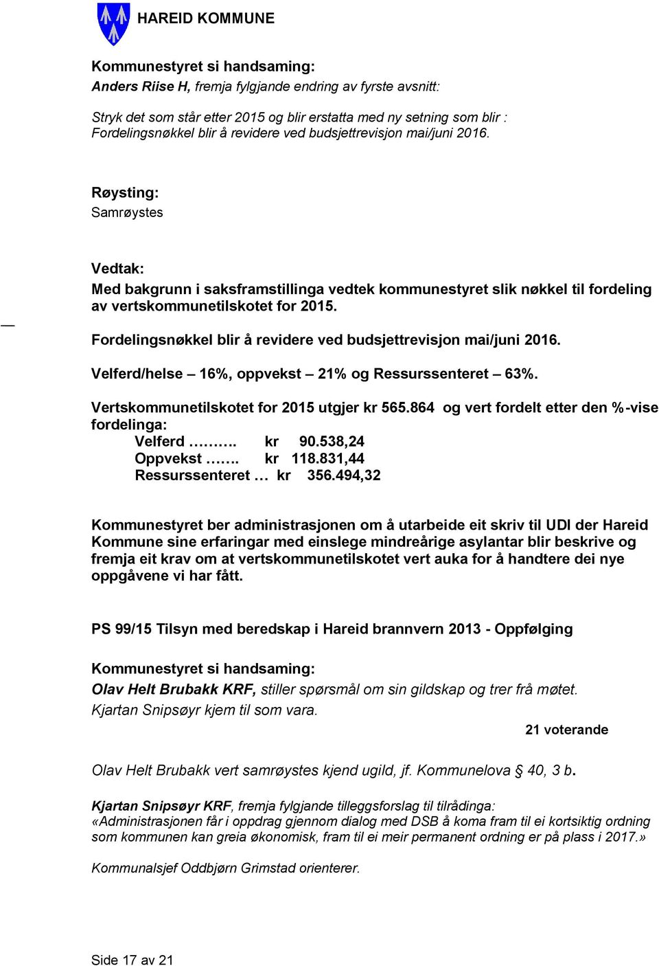 Velferd/helse 16%, oppvekst 21% og Ressurssenteret 63%. Vertskommunetilskotet for 2015 utgjer kr 565.864 og vert fordelt etter den %-vise fordelinga: Velferd. kr 90.538,24 Oppvekst. kr 118.