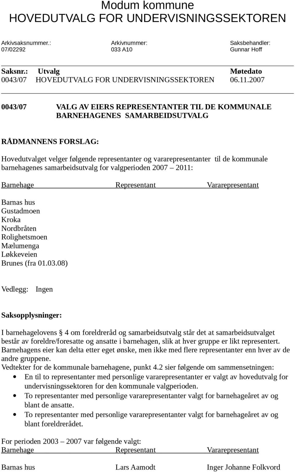 2007 0043/07 VALG AV EIERS REPRESENTANTER TIL DE KOMMUNALE BARNEHAGENES SAMARBEIDSUTVALG RÅDMANNENS FORSLAG: Hovedutvalget velger følgende representanter og vararepresentanter til de kommunale