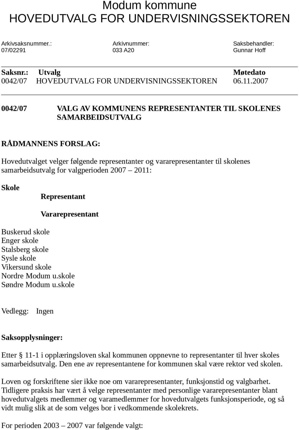 2007 0042/07 VALG AV KOMMUNENS REPRESENTANTER TIL SKOLENES SAMARBEIDSUTVALG RÅDMANNENS FORSLAG: Hovedutvalget velger følgende representanter og vararepresentanter til skolenes samarbeidsutvalg for