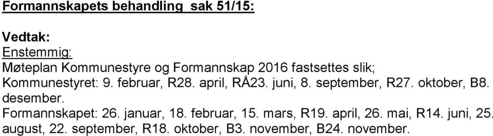 september, R27. oktober, B8. desember. Formannskapet: 26. januar, 18. februar, 15.