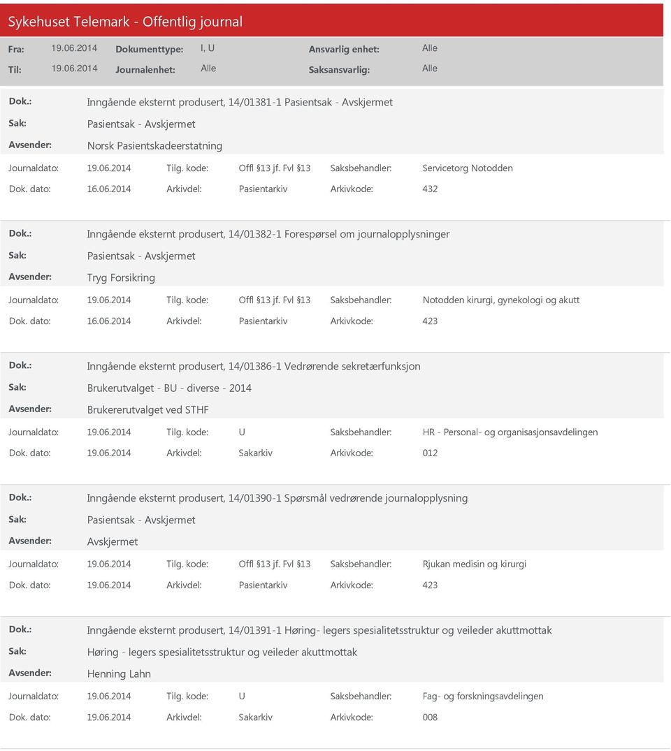 2014 Arkivdel: Pasientarkiv Inngående eksternt produsert, 14/01386-1 Vedrørende sekretærfunksjon Brukerutvalget - B - diverse - 2014 Brukererutvalget ved STHF HR - Personal- og