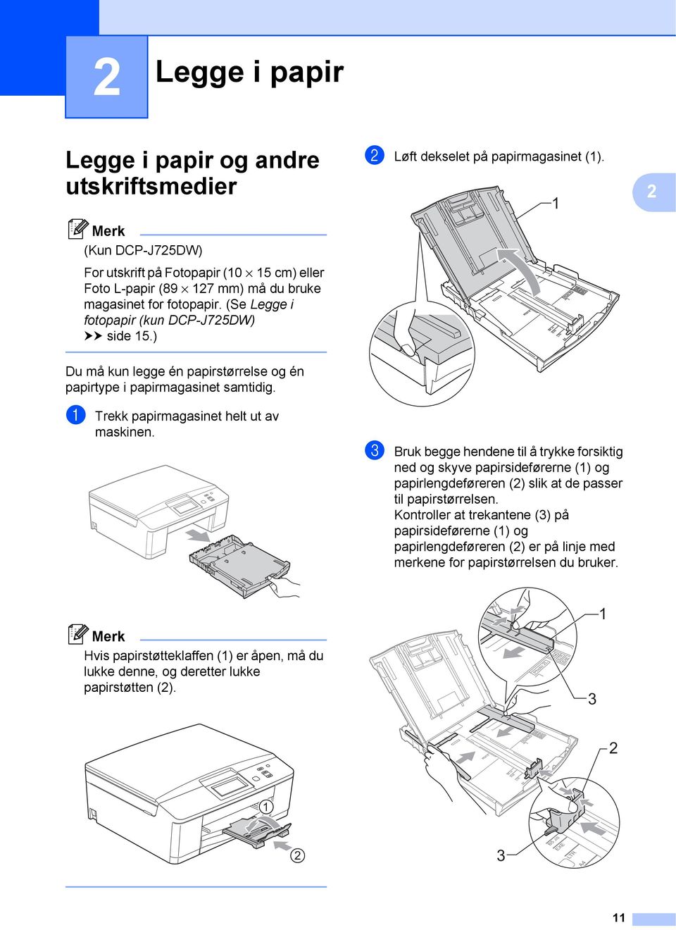 a Trekk papirmagasinet helt ut av maskinen. c Bruk begge hendene til å trykke forsiktig ned og skyve papirsideførerne (1) og papirlengdeføreren (2) slik at de passer til papirstørrelsen.