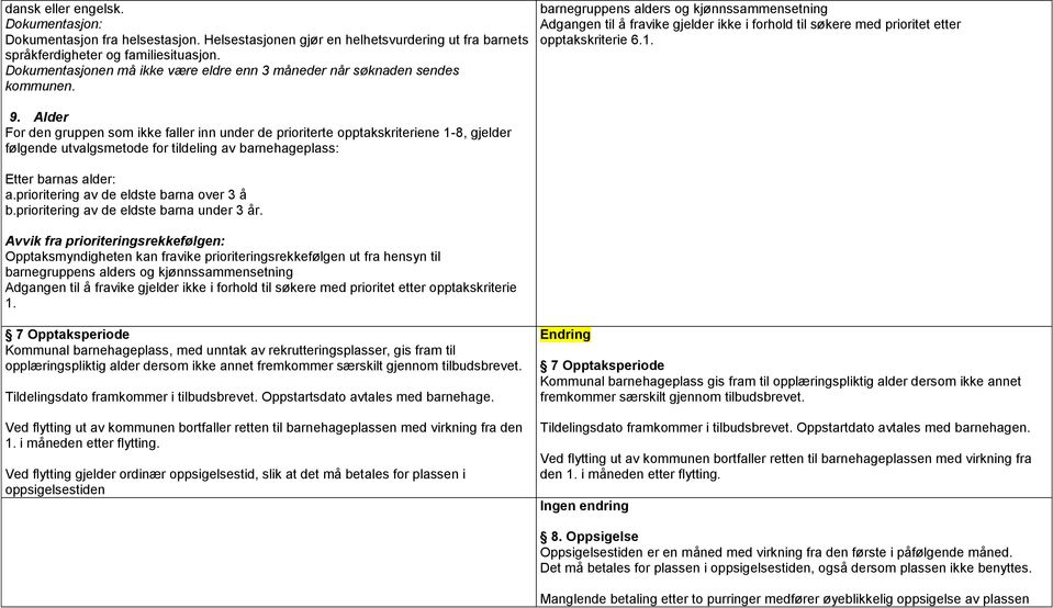 barnegruppens alders og kjønnssammensetning Adgangen til å fravike gjelder ikke i forhold til søkere med prioritet etter opptakskriterie 6.1. 9.