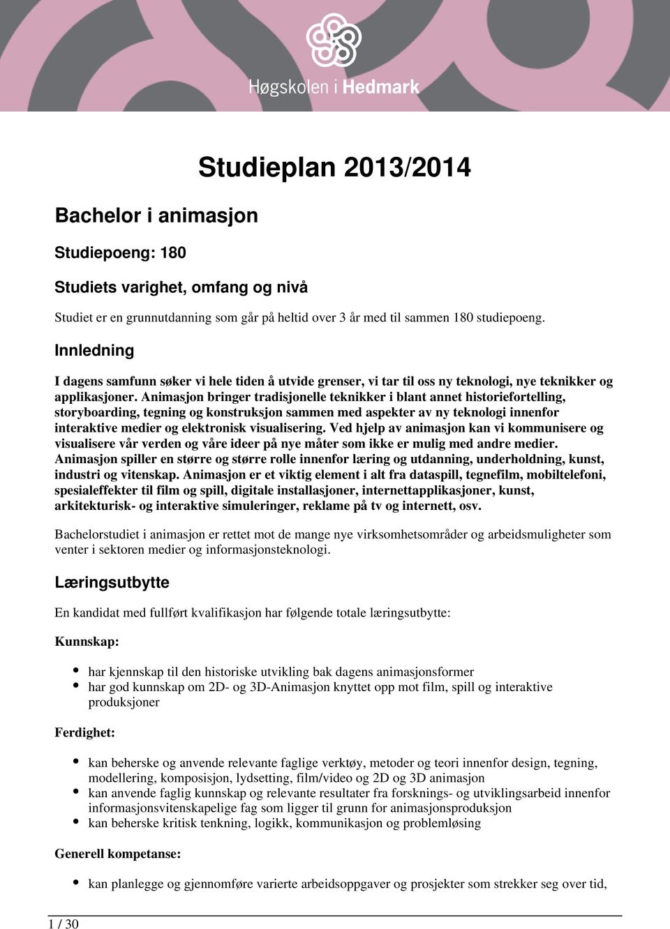 Animasjon bringer tradisjonelle teknikker i blant annet historiefortelling, storyboarding, tegning og konstruksjon sammen med aspekter av ny teknologi innenfor interaktive medier og elektronisk