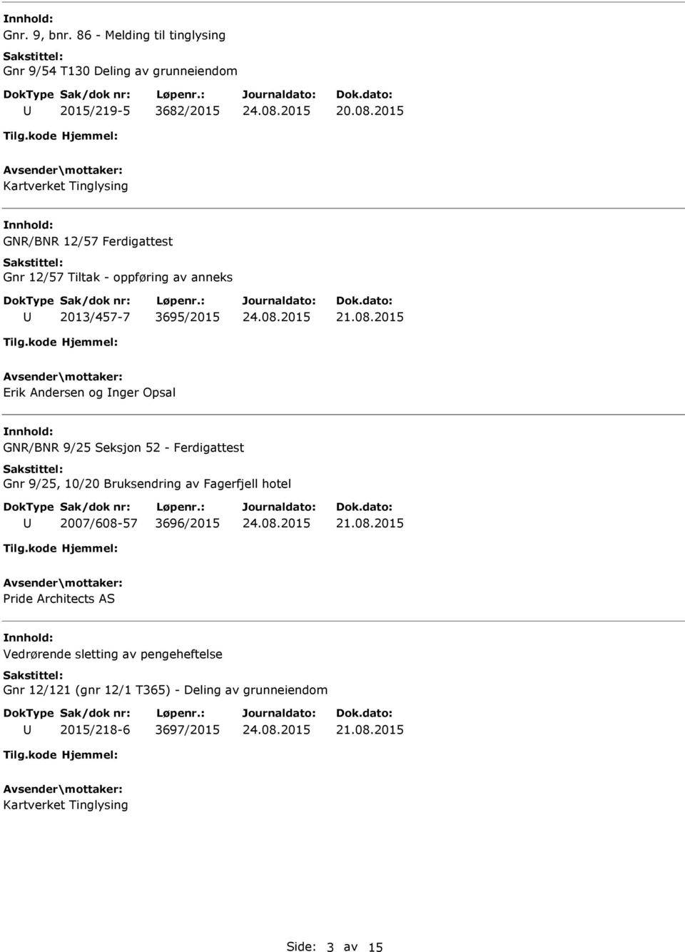 nger Opsal GNR/BNR 9/25 Seksjon 52 - Ferdigattest Gnr 9/25, 10/20 Bruksendring av Fagerfjell hotel 2007/608-57 3696/2015 Pride